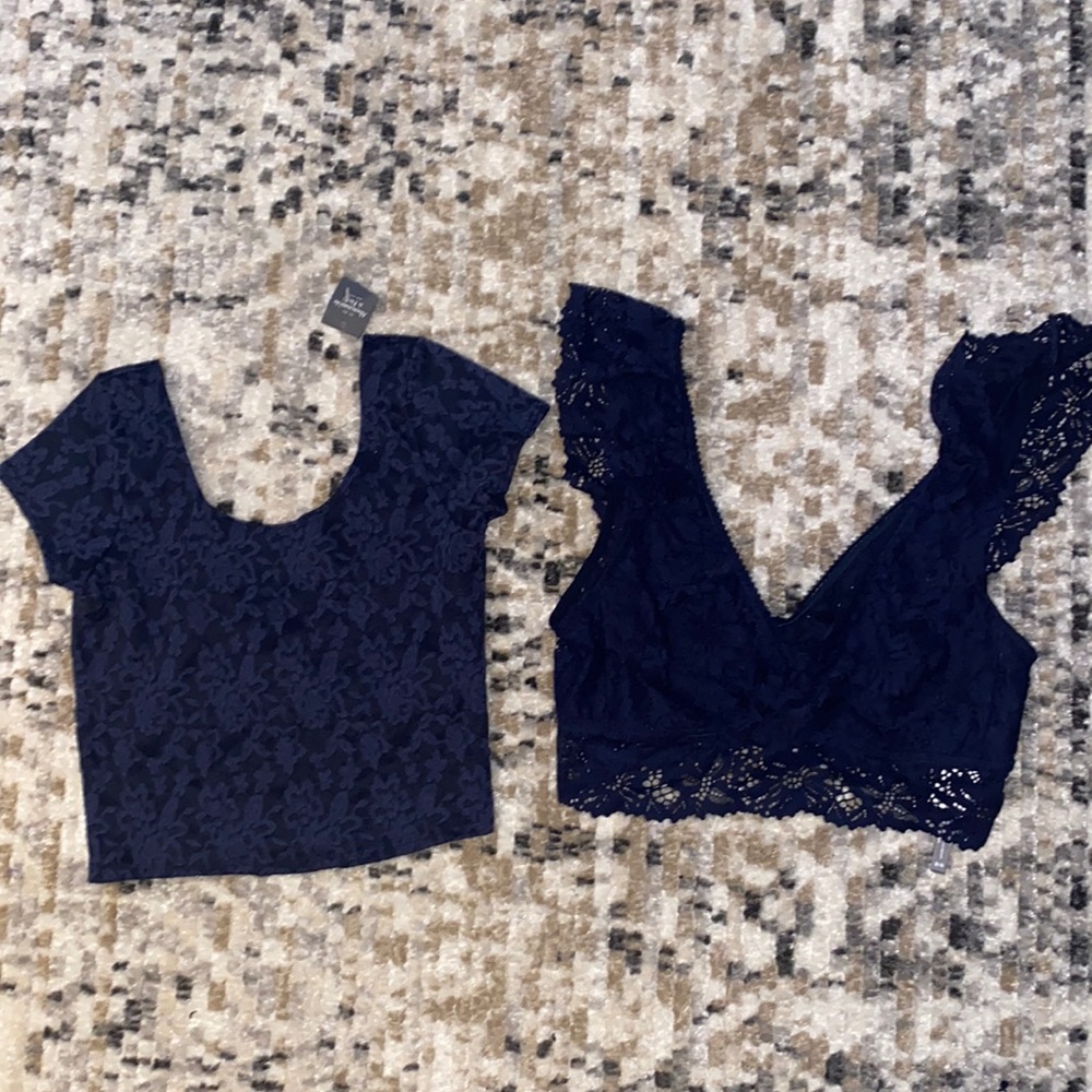 AERIE Blue Eyelash Lace Plunge Bralette Crop Top‎ M & Abercrombie & Fitch Crop S